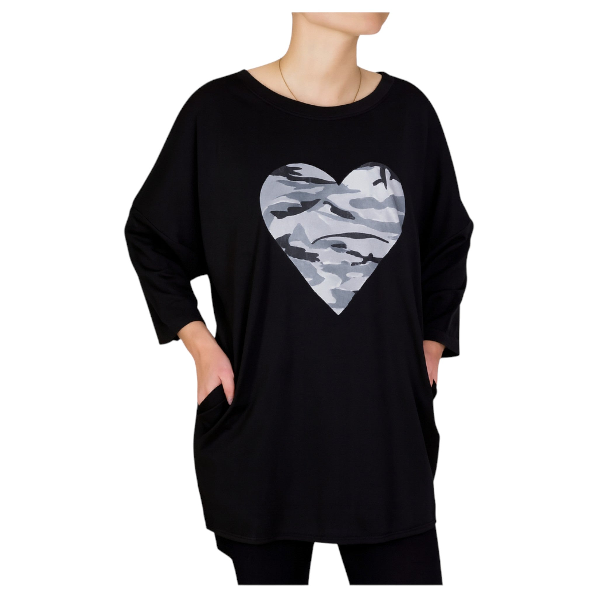 Women’s oversized black top with grey camo heart print – Ladies ex store casual long sleeve shirt